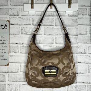 Coach Kristin Signature Op Art Sateen Hobo Shoulder Bag Purse Khaki Mahogany